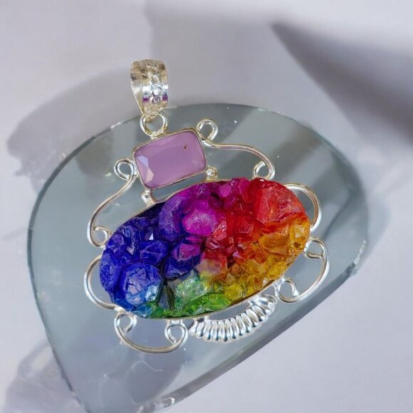 Rainbow Garnet ✦ Rose Quartz Pendant ✦ Sterling Silver Gem Cluster NWT - Picture 7 of 10